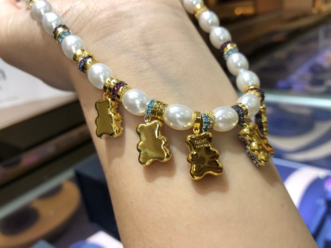 APM Monaco Pearl and Crystal Bear Charm Necklace
